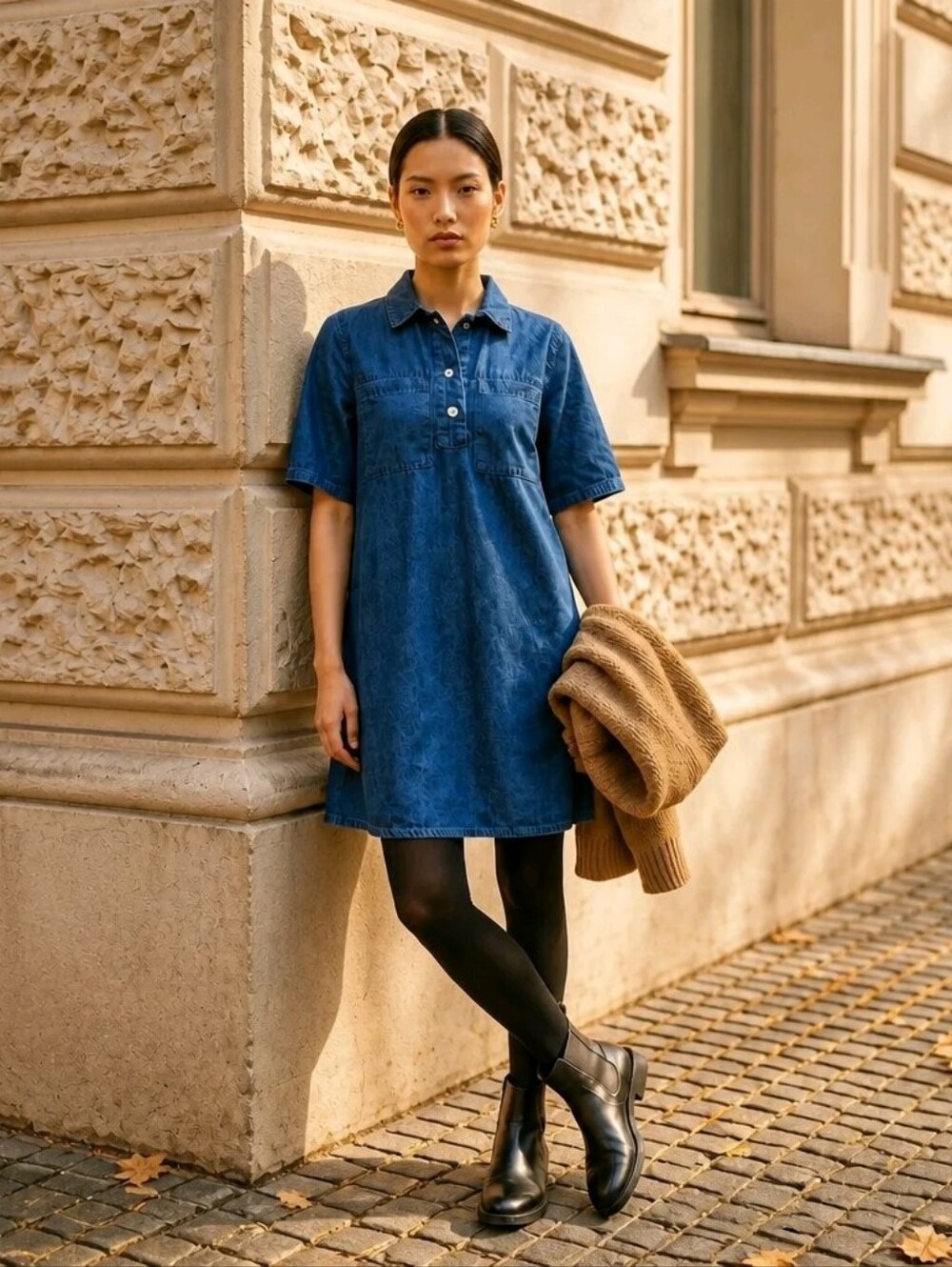 Casual Denim Polo-Style Collar Mini Dress